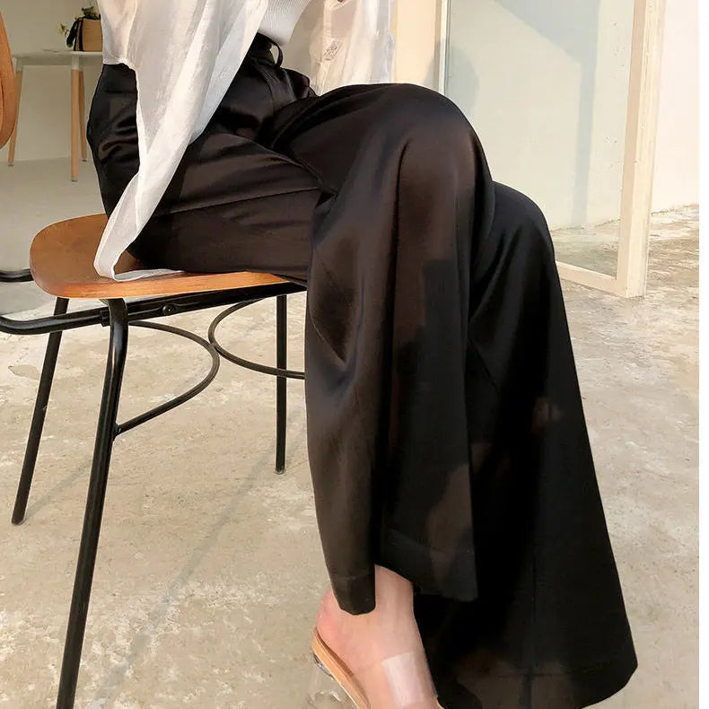 Acetate Satin Straight-leg Wide-leg Pants Women's Pendant Spring And Summer Look Thin Imitation Silk Loose Korean Style Wear Black Long Pants