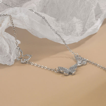 Three Butterfly Tassel Necklace Diamond-embedded Zircon High-grade Daily Simple All-match Niche Female Valentine's Day Clavicle Chain