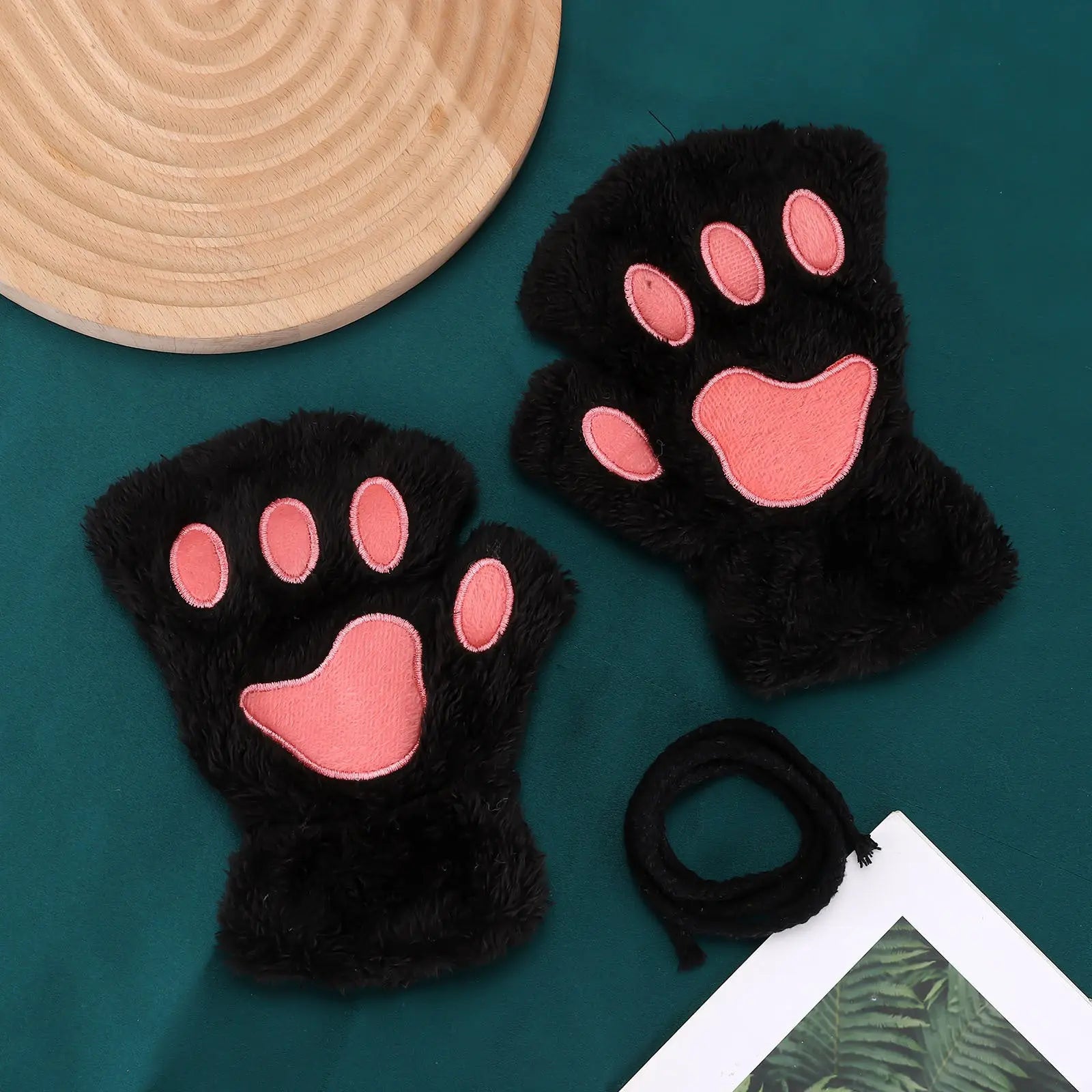Cat Claw Gloves For Women Winter Korean Style Cute Girls Fingerless Thickened Warm Bear Paw Plush Half Finger Gloves