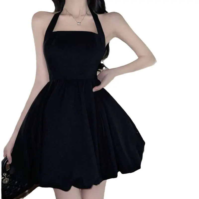 New Pure Desire Black Neck Sling Dress With Halter Waist Elegant Sexy A- Line Dress Women's Small Black Dress