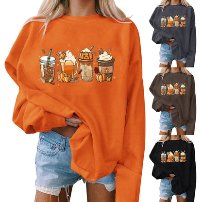 Halloween Women's Casual Printed Round Neck Loose Long Sleeve Hooded Sweatshirt Top
