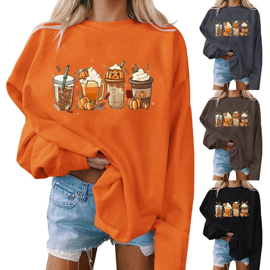 Halloween Women's Casual Printed Round Neck Loose Long Sleeve Hooded Sweatshirt Top