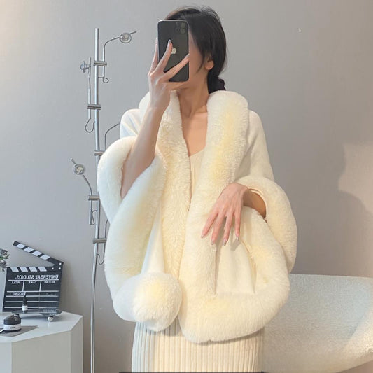 Autumn And Winter New Gentle Elegant Woolen Cloak Shawl Solid Color Imitation Rex Rabbit Fur Women's Large Size Knitted Cardigan Jacket