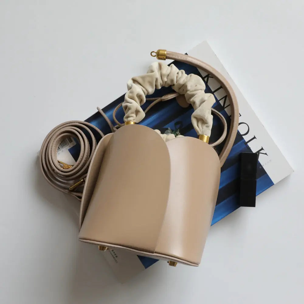 Women's Cow Leather Mini Bucket Bag with Ruched Handle