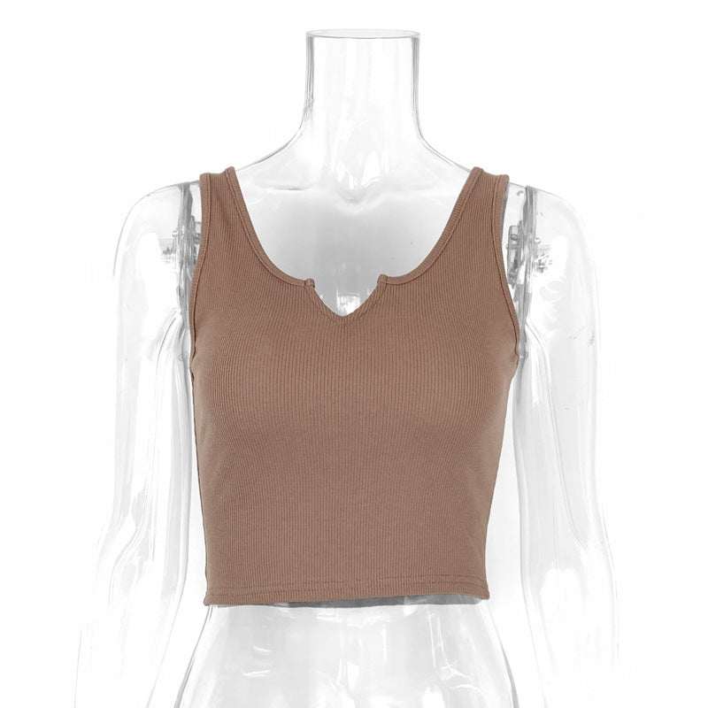 Trendy slim-fit crop camisole vest in apricot, white, coffee, and light grey – sleek, comfortable, and stylish for versatile outfits.