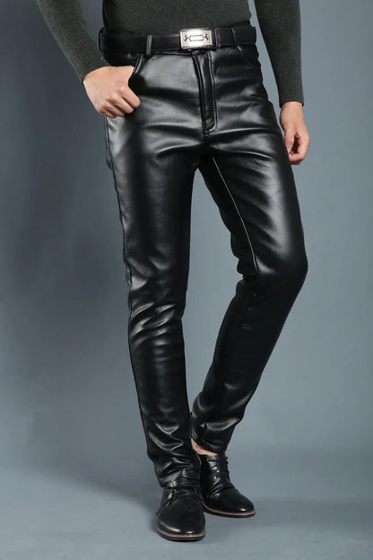Spring And Summer Models Autumn And Winter Models Plus Velvet Thick Leather Pants Men's Slim Locomotive Warm Pencil Pants Men's Windproof Casual Trousers