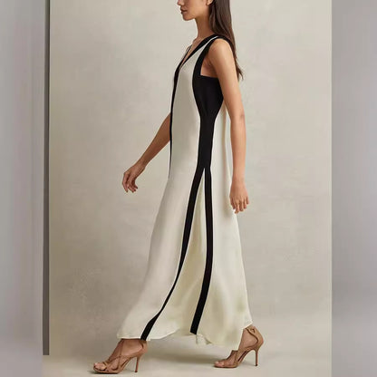Cross-border Foreign Trade Independent Station Amazon 2024 New European And American Sexy Double-sided Wear V-neck Contrast Color Leisure Dress