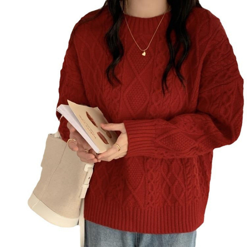 KANING New Year Red Twist Sweater Women's 2024 Autumn And Winter New Retro Lazy Style Crewneck Pullover Sweater