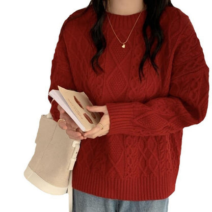 KANING New Year Red Twist Sweater Women's 2024 Autumn And Winter New Retro Lazy Style Crewneck Pullover Sweater