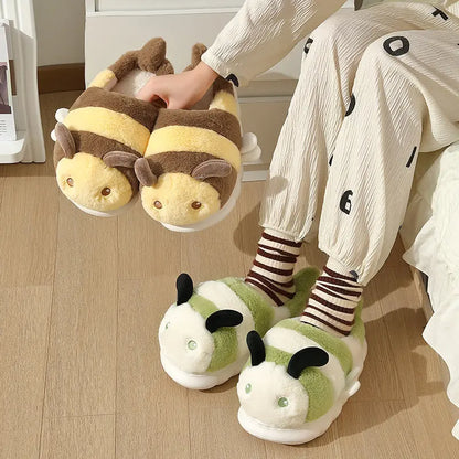 Little Bee Cotton Slippers Women's Winter Anti-Slip Home Indoor Warm Plush Couple Cartoon Cotton Slippers Home Wholesale Men's