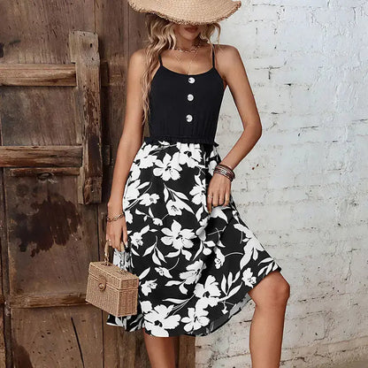 Summer New European And American Fashion Women's Flower Stitching Suspender Dress