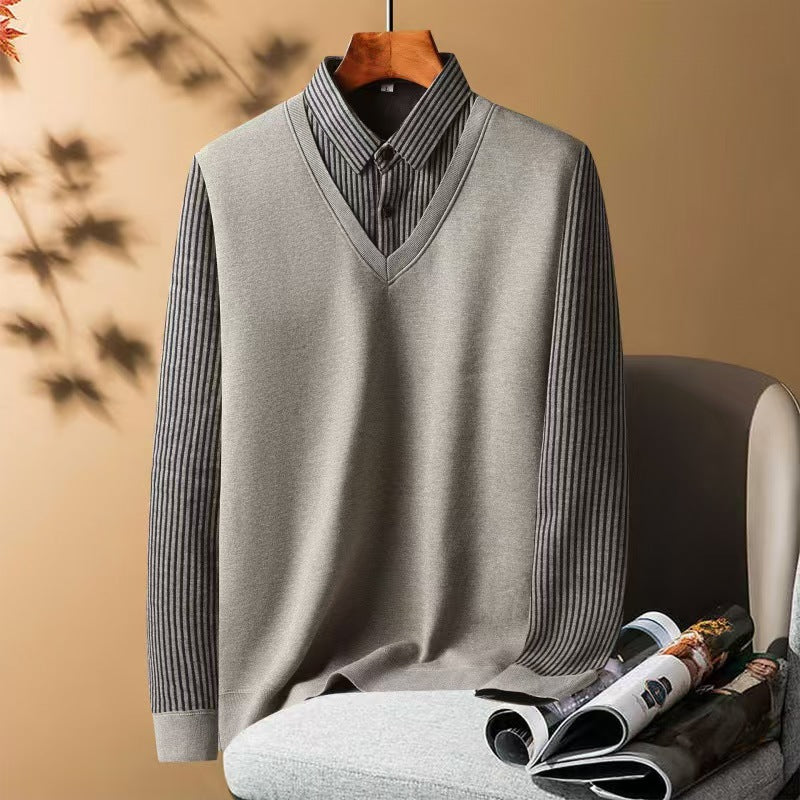 Autumn And Winter New Fake Two-Piece Shirt Men's Warm Top One-Piece Velvet Thickeneded Middle-Aged And Elderly Knitted Knitwear