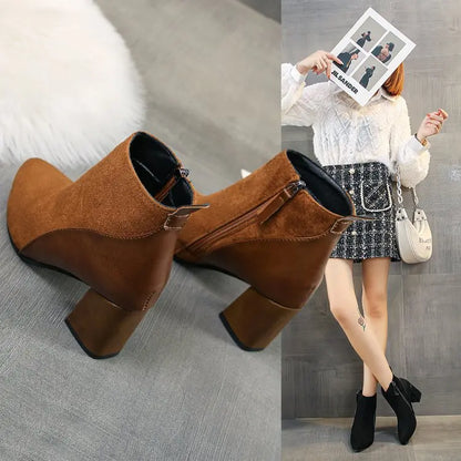 Women's Boots Spring And Autumn Thick Heel Pointed Toe European And American Large Size 41-44Ladies Boots Leather Stitching
