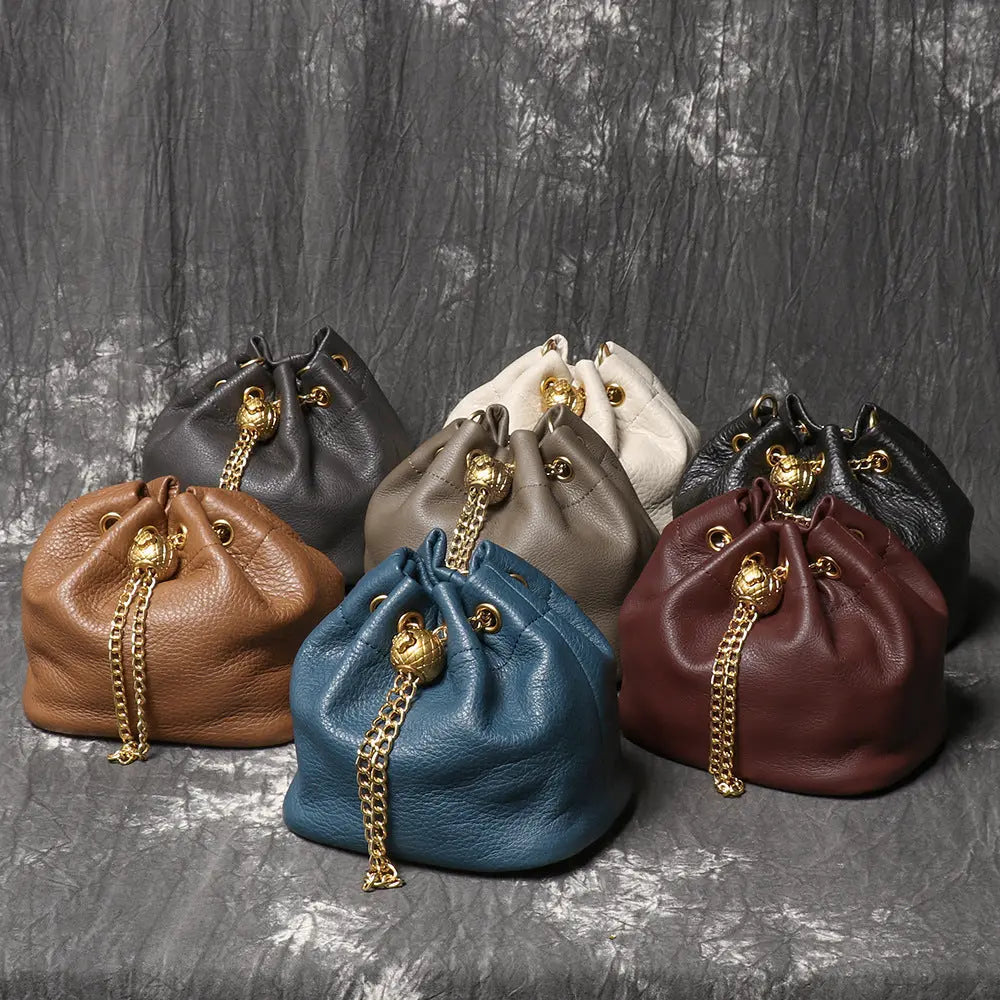 Women's Cowhide Leather Mini Bucket Bag with Chain