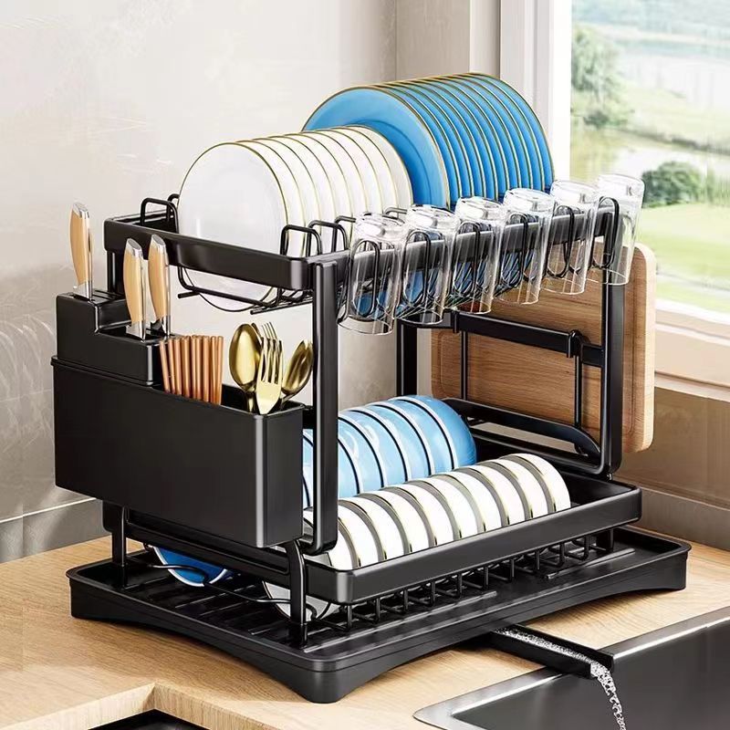 2-Tier Stainless Steel Dish Rack with Drainage System – Modern Kitchen Organizer & Drying Stand