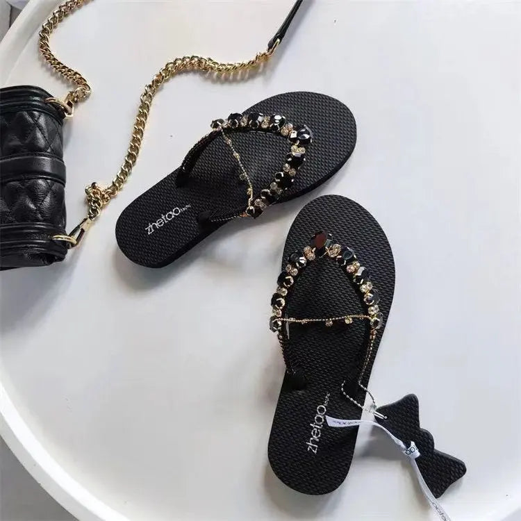 Flip-flops Women's 2022 Summer New Outer Wear Korean Version Net Red Rhinestones Flat Bottom Sandals And Slippers Beach Shoes Women's Wholesale