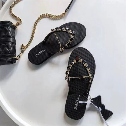 Flip-flops Women's 2022 Summer New Outer Wear Korean Version Net Red Rhinestones Flat Bottom Sandals And Slippers Beach Shoes Women's Wholesale