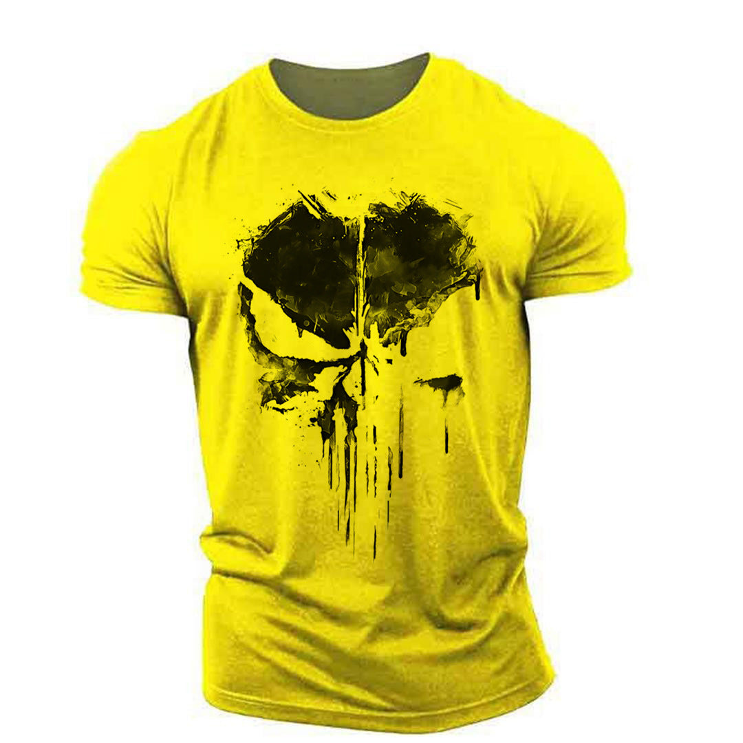 Streetwear skull graphic t-shirt featuring dripping paint effects, available in multiple bold colors—perfect for edgy fashion lovers.