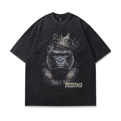 Distressed short sleeve t-shirt featuring a bold Japanese cartoon print with a hip-hop streetwear aesthetic.