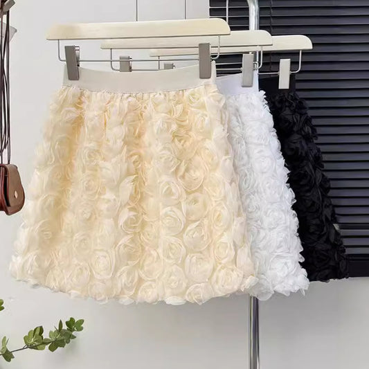 South Korea Elegant White High Waist Three-Dimensional Rose Decorative Feminine Skirt Sweet Age-Reducing A- Line Hip Skirt