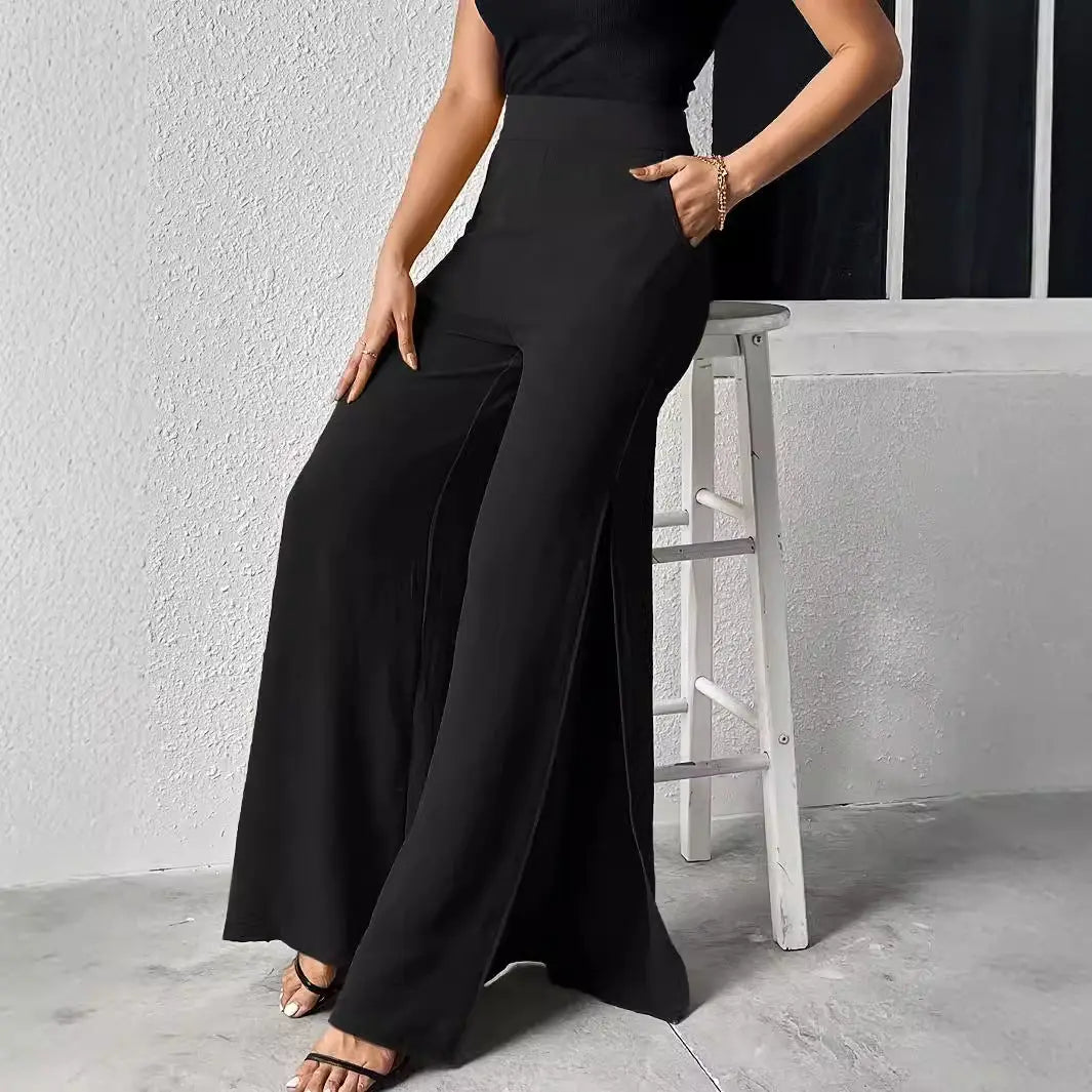 Elegant Black Split Wide-Leg Trousers - High Waist Flowy Formal Pants
