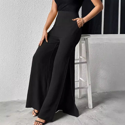 Elegant Black Split Wide-Leg Trousers - High Waist Flowy Formal Pants