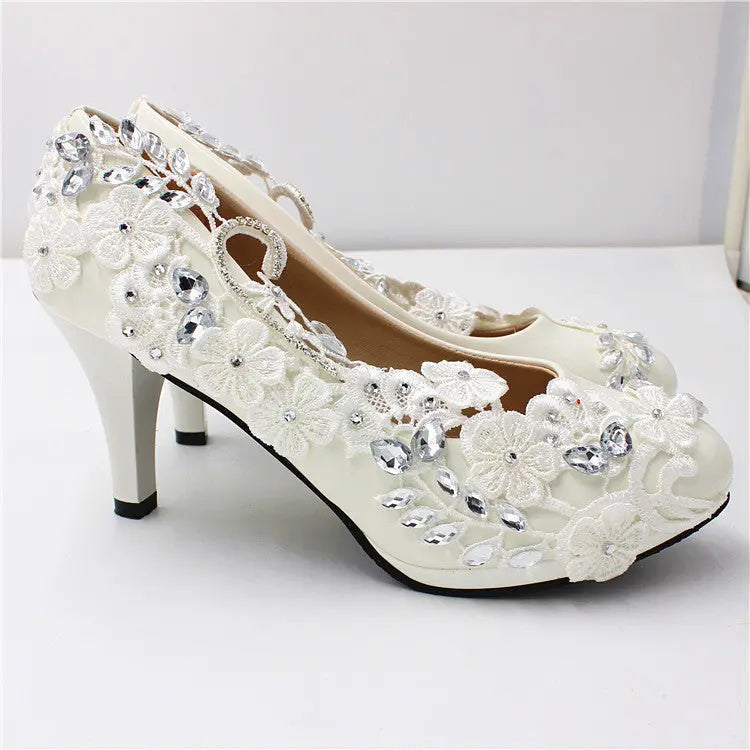 Elegant crystal-embellished bridal heels, handcrafted to order with refined lace detailing.