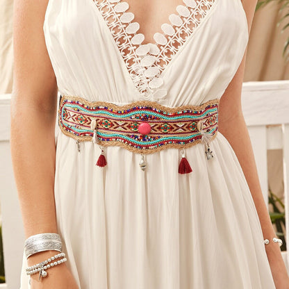 Ethnic Style Beads Suede Bottom PU Waist Belt Pure Handmade Bohemian Style Elastic Wide Waist Belt Ladies Elegant Color Shelllls