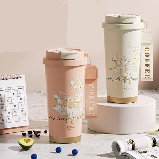 New Lily Of The Valley Coffee Cup Thermos Cup 316 Stainless Steel Women's High Color Value Straw Gift Cup Lettering Logo
