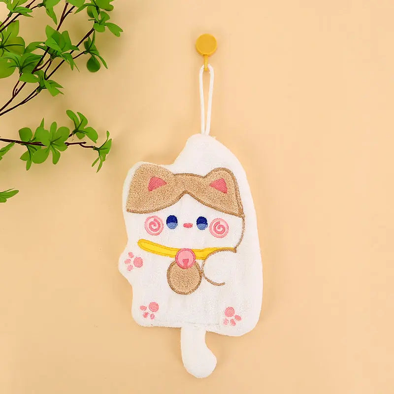 Lucky Cat Hanging Hand Towel – Soft Plush Absorbent Bathroom Towel