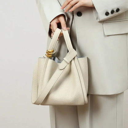 Women's Cowhide Leather Bucket Tote Bag with Inner Pouch