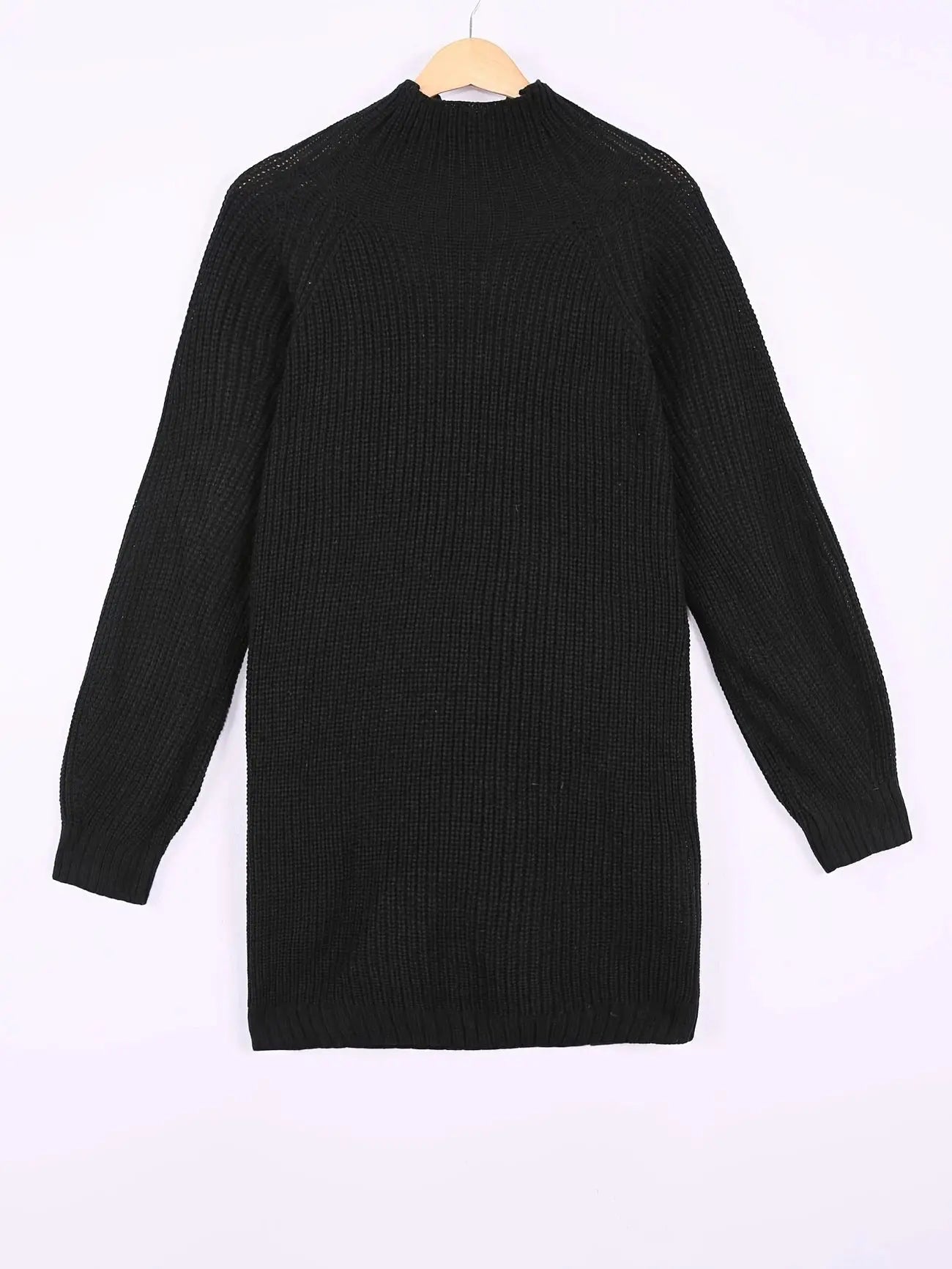 A black ribbed knit long-sleeve sweater dress with a mock neck, hanging on a wooden hanger against a plain white background.