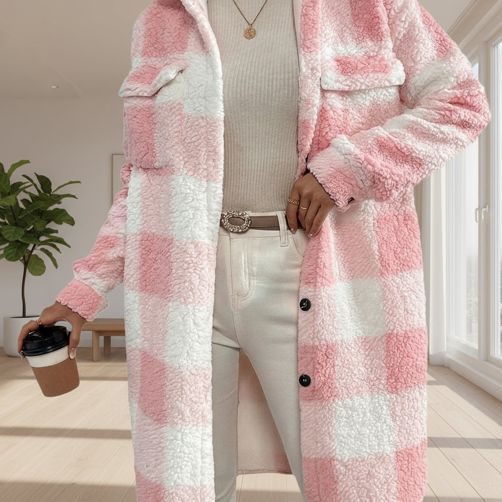 Cross-border Amazon European And American Autumn And Winter Open Button Lapel Plush Plaid Coat Loose Temperament Commuter Long Coat For Women