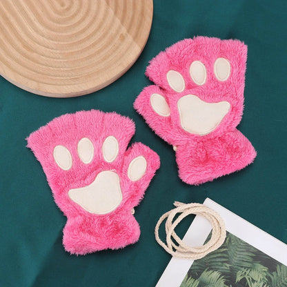 Cat Claw Gloves For Women Winter Korean Style Cute Girls Fingerless Thickened Warm Bear Paw Plush Half Finger Gloves