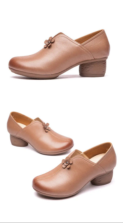 Three views of a women's low block-heel slip-on shoe in tan leather, shown on a white background with the text 'WHITE SHOW' at the top.