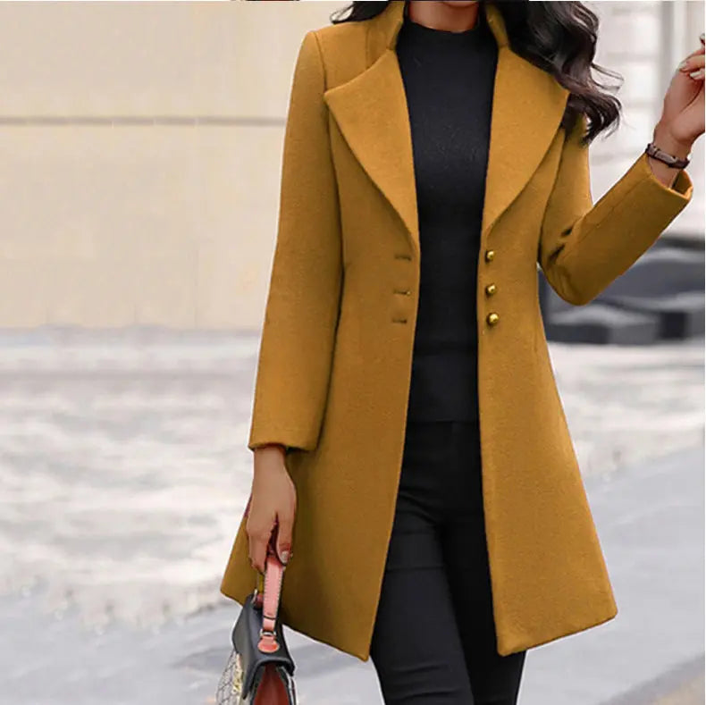 Mid-length Lapel Slimming Solid Color Slim-fit Women's Woolen Coat