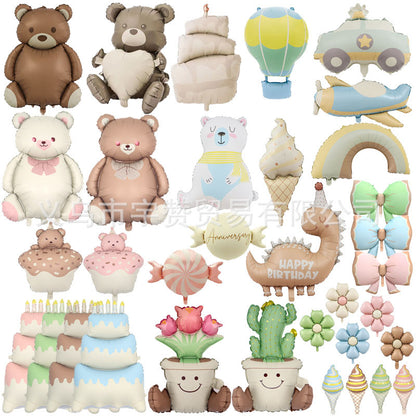 South Korea Ins Style Matte Frosted Police Car Airplane Balloon Children's Birthday Decoration Matte Bear Rainbow Balloon