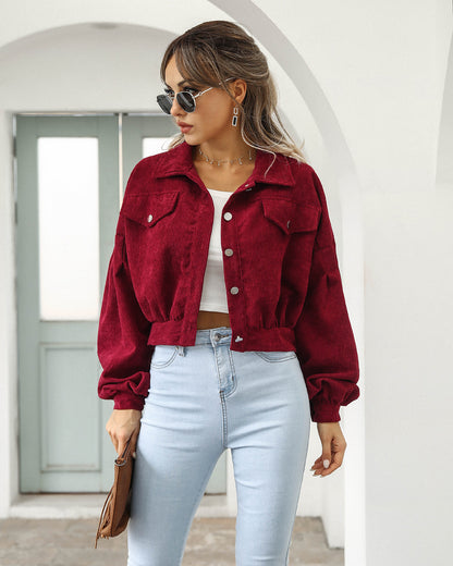 Amazon 2023 European And American Autumn And Winter Casual Lapel Corduroy Jacket Lantern Sleeve Single Breasted Short Jacket Women&#039;s Clothing