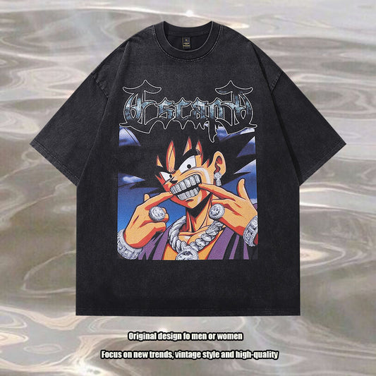 American Retro High Street Washed Old Cartoon Printed Short Sleeve T-Shirt Men&#039;s Hip Hop Hiphop Loose Top