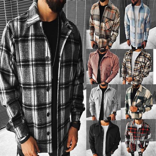 New Men&#039;s Shirt Plaid Pocket Long Sleeve Shirt