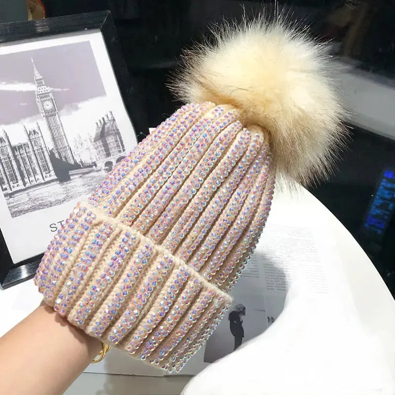 Knitted Woolen Hat Women's Bright Diamond Matching Fur Ball Hat All-match Winter Plus Velvet Thickened Warm Pullover Hat Cold Hat Women