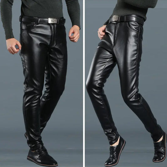 Spring And Summer Models Autumn And Winter Models Plus Velvet Thick Leather Pants Men's Slim Locomotive Warm Pencil Pants Men's Windproof Casual Trousers