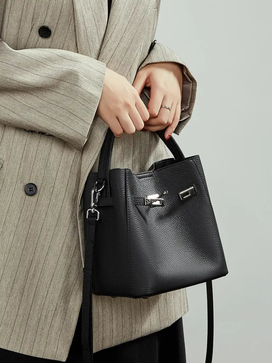 Women's Pebble-Grain Cowhide Leather Mini Bucket Bag