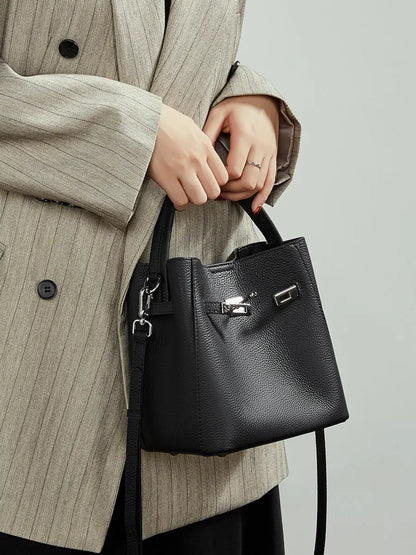 Women's Pebble-Grain Cowhide Leather Mini Bucket Bag