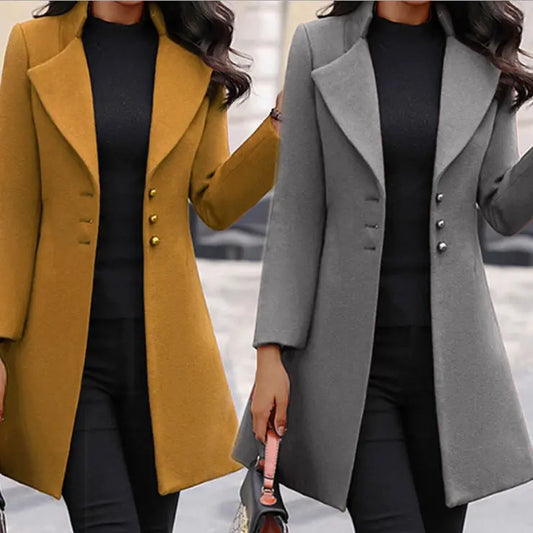 Mid-length Lapel Slimming Solid Color Slim-fit Women's Woolen Coat