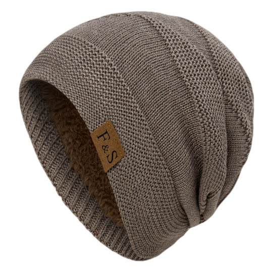 New F &amp; S Fleece-lined Wool Cap Winter Knitted Solid Color Stitch Logo Horizontal Strip Warm Pullover Cap Cross-border In Stock