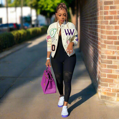 N9082I European And American Women&#039;s Autumn And Winter New Color Matching Press Button Fashion Printing Double-layer Thread Baseball Jacket