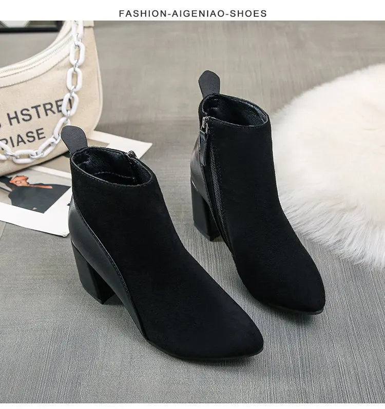 Women's Suede Pointed-Toe Block Heel Ankle Boots