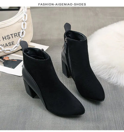 Women's Suede Pointed-Toe Block Heel Ankle Boots