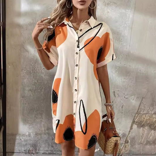 New Summer Large Size Women&#039;s Printed Pleated Loose Shirt Skirt